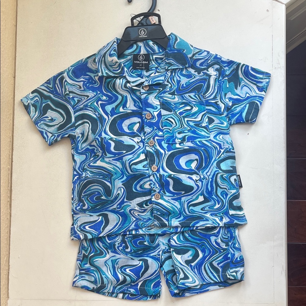 Volcom Kids Blue Marble Button down shirt with shorts Set